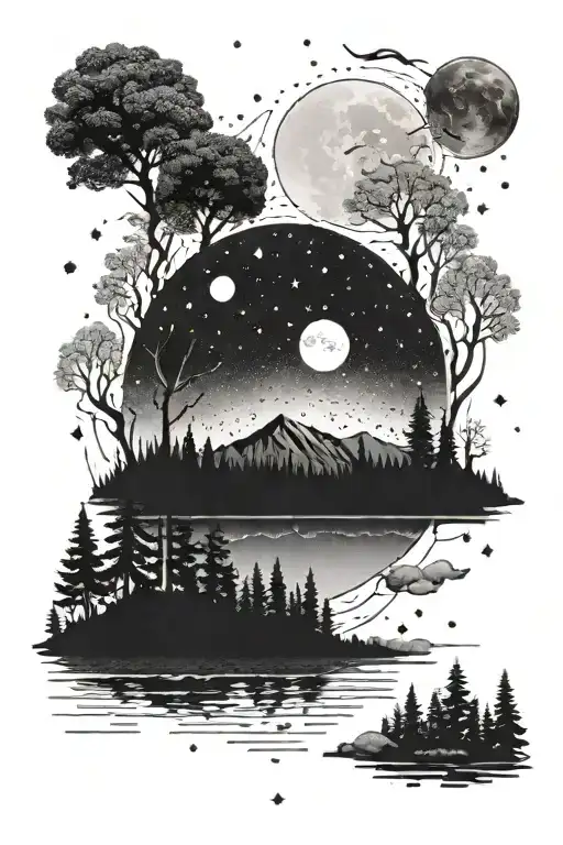 starry sky, a huge moon, a forest and a lake surrounded by trees tattoo design idea