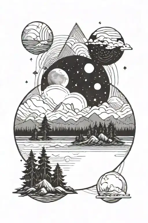starry sky, a huge moon, a forest and a lake tattoo design idea