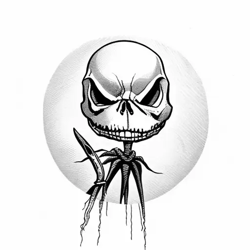 A skull wearing a Jack Skellington hat and holding a quill pen tattoo design idea