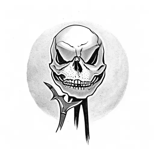 A skull wearing a Jack Skellington hat and holding a quill pen tattoo design idea
