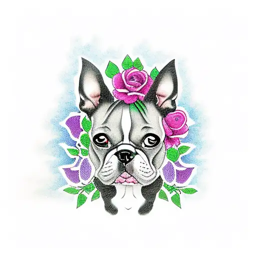 Boston terrier with roses around it  tattoo design idea