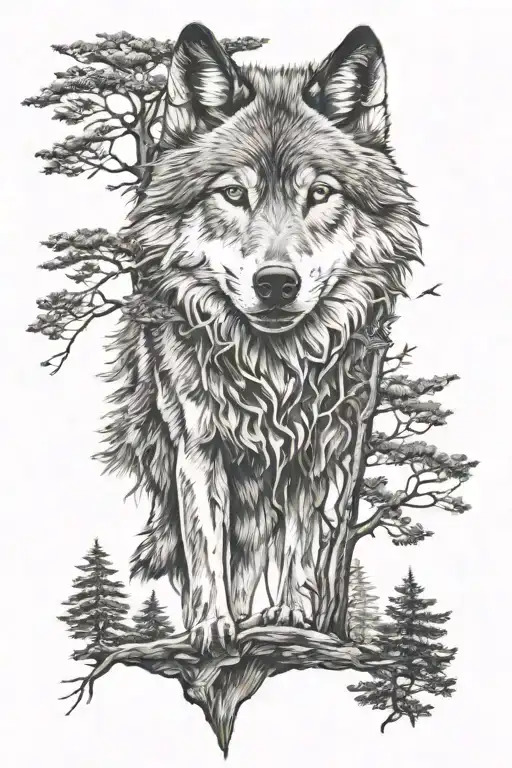 wolf and trees tattoo design idea