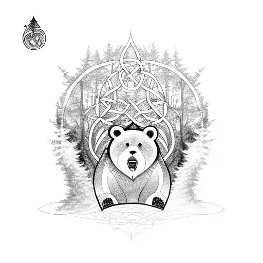 A mystical forest scene with a Celtic-inspired bear emerging from the trees, surrounded by swirling patterns tattoo design idea