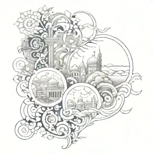 Design a sleeve tattoo featuring scenes from Shia Muslim history intertwined with intricate dotwork patterns tattoo design idea