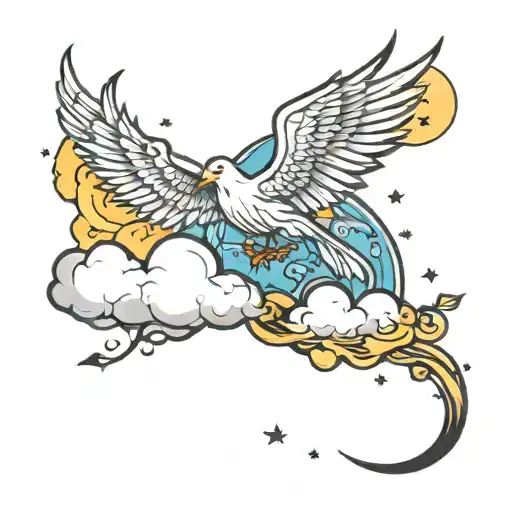 Rolling clouds, crescent moon, Pheonix, lightning bolts tattoo design idea