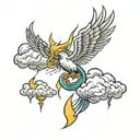 Rolling clouds, crescent moon, Pheonix, lightning bolts tattoo design idea