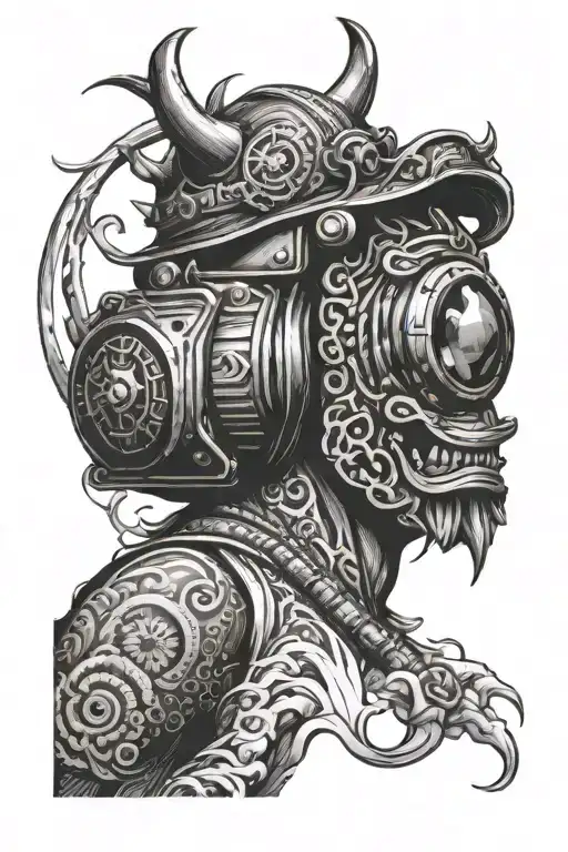 samurai oni camera lens tattoo design idea