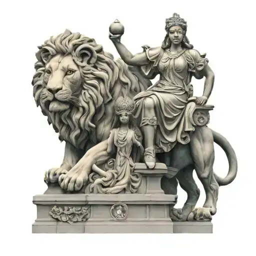 Statue of the goddess Cibeles with lions, holding in her hand the logo of the Real Madrid football club tattoo design idea
