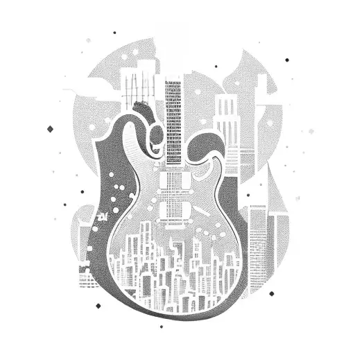 A silhouette of a guitar surrounded by a vibrant cityscape of Los Angeles tattoo design idea