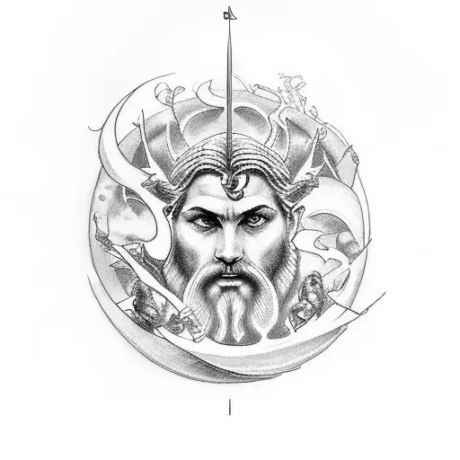 A visually stunning tattoo showcasing the birth of Zeus surrounded by the Olympus and mythical creatures in an epic war tattoo design idea