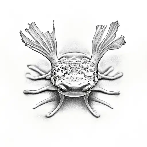 a floating axolotl with shadow under it, upper view tattoo design idea