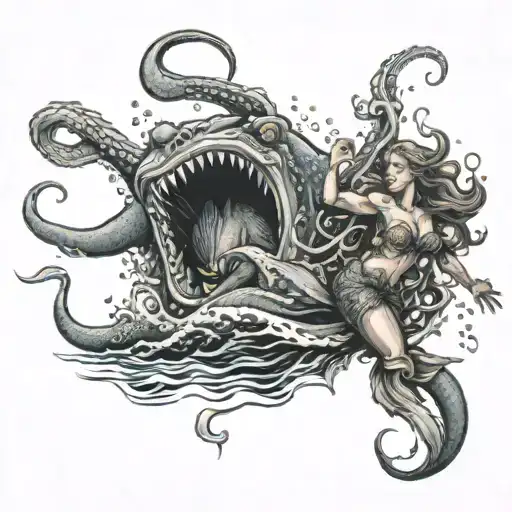scared mermaid fighting a kraken while being pulled under the water by the kraken tattoo design idea