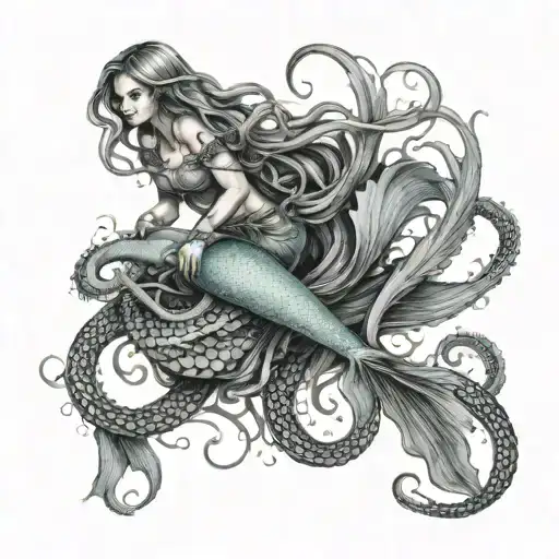 mermaid being pulled under the water by the kraken, tentacles wrapped around mermaid body tattoo design idea