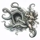 scared mermaid fighting a kraken while being pulled under the water by the kraken tattoo design idea