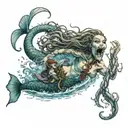 scared mermaid fighting a kraken while being pulled under the water by the kraken tattoo design idea
