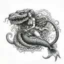 scared mermaid fighting a kraken while being pulled under the water by the kraken tattoo design idea