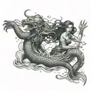 scared mermaid fighting a kraken while being pulled under the water by the kraken tattoo design idea