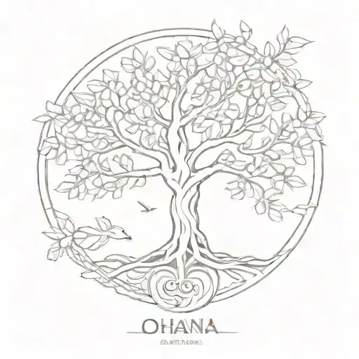 a minimalist tree of life whose roots form the word: ohana tattoo design idea
