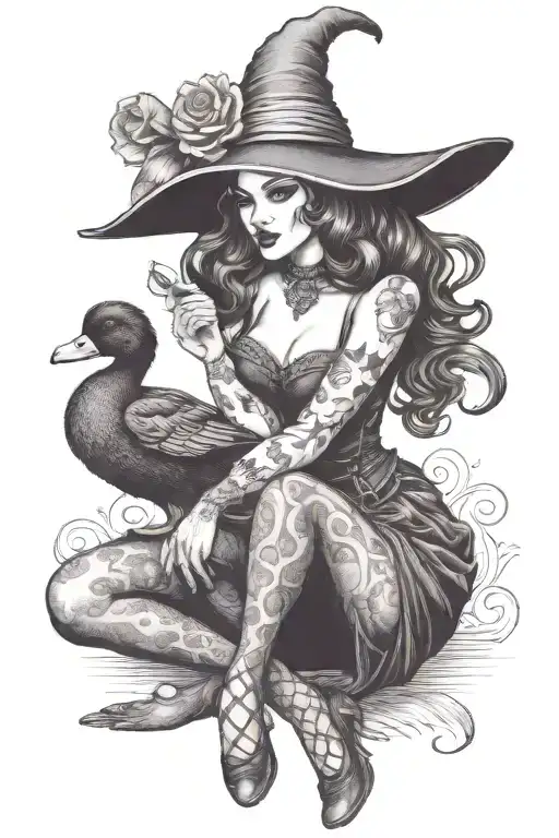 sexy witchy country pinup holding a duck wearing tattoo design idea
