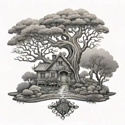  rich big tree of life with small house  stone road  tattoo design idea