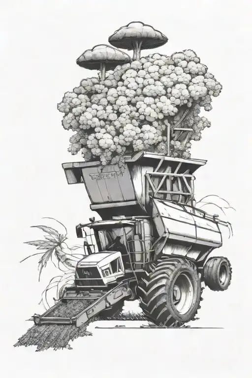 cartoon combine harvesting canola while unloading dollar bills into grain cart with a large thunderstorm in the distance tattoo design idea