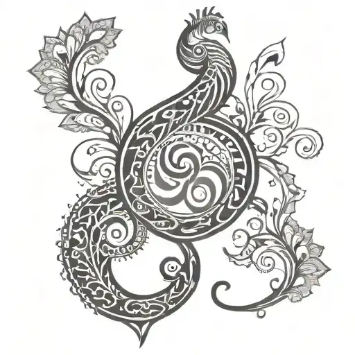 A DNA double helix intertwined with traditional Indian symbols like the Om symbol or a peacock feather tattoo design idea