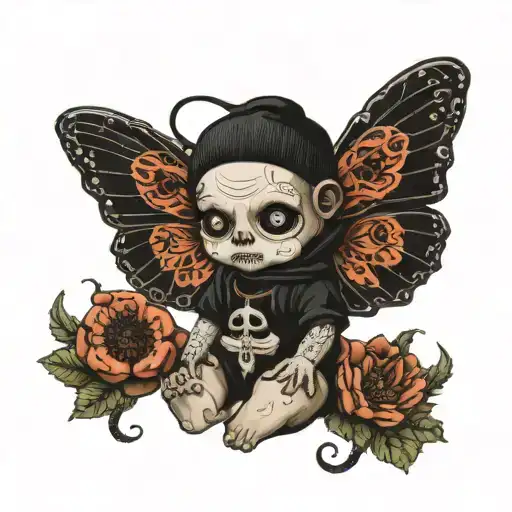 beautiful gothic kewpie doll in a beanie with detailed death moth wings sprouting from back wearing skull tshirt tattoo design idea