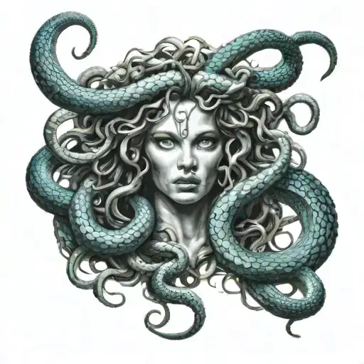 (detailed stunningly beautiful Medusa with angry snakes for hair, striking blue eyes, hungry and aggressive expression,  tattoo design idea