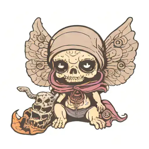 cute gothic kewpie doll in a beanie with detailed death moth wings sprouting from back wearing detailed skull tshirt tattoo design idea