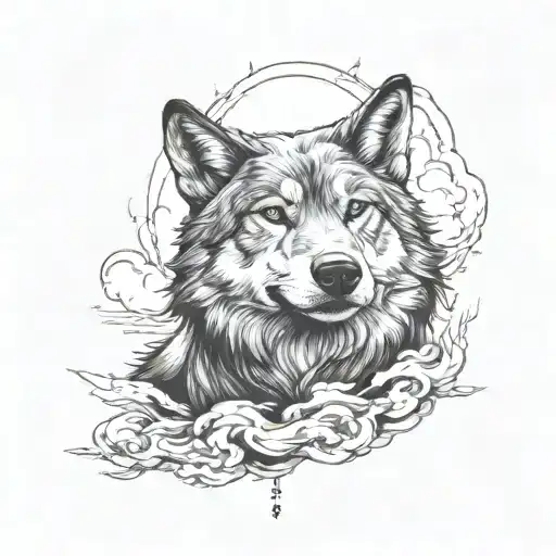 A tattoo design of a calm wolf meditating under a thunderstorm, representing inner peace amidst chaos tattoo design idea