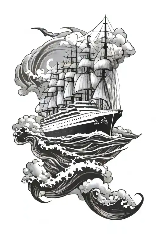 cruise ship sailing through stormy tattoo design idea