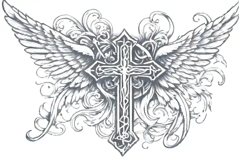 cross with wings cancer ribbon intertwined tattoo design idea