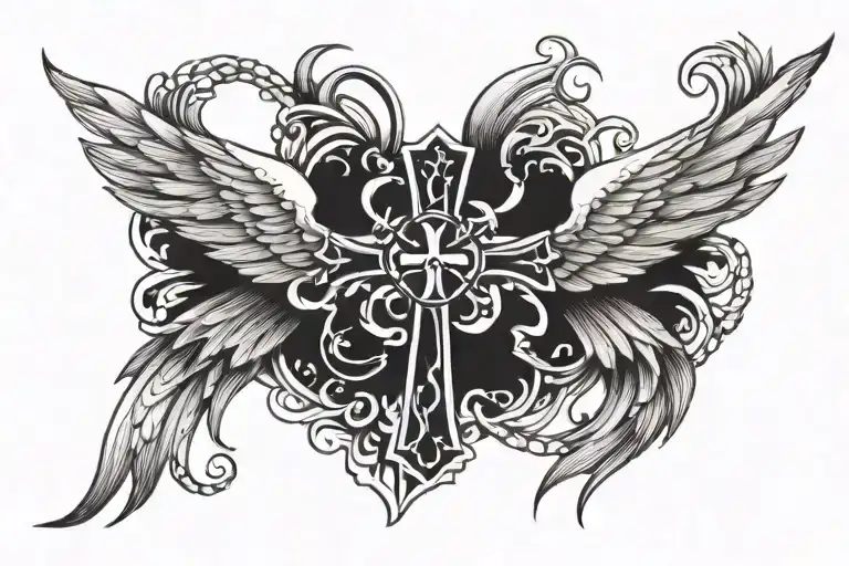 cross with wings cancer ribbon intertwined tattoo design idea