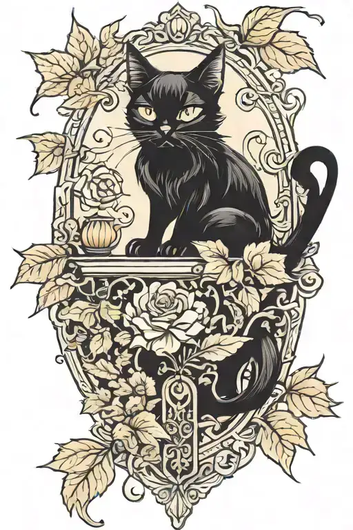 gothic style black cat sitting during autumn   tattoo design idea