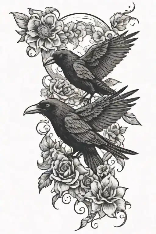 moon and raven and flower and fire tattoo design idea