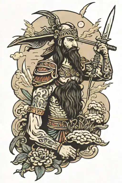 a god holding a blade above a mountin of enemis tattoo design idea