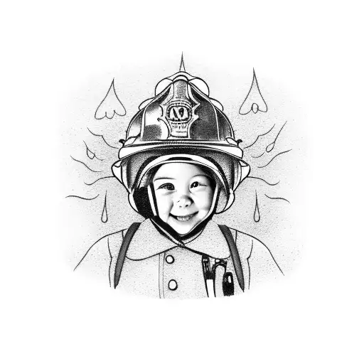A dotwork portrait of my daughter wearing a firefighter helmet, with flames in the background tattoo design idea