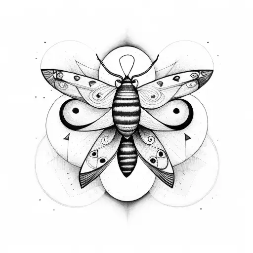 Moth with a new moon over it head and lines and dot under and upper moth tattoo design idea