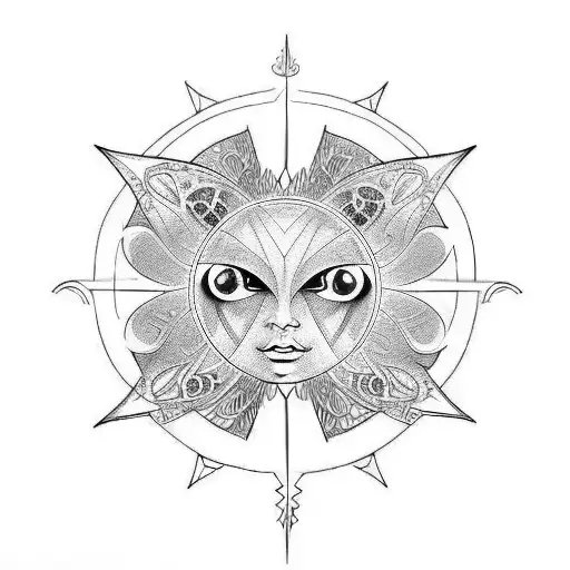 Butterfly, sun, waves, comma tattoo design idea