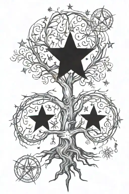 family tree containing 3 stars. above tree star consolations for Aquarius, torus, virgo and Capricorn.  tattoo design idea
