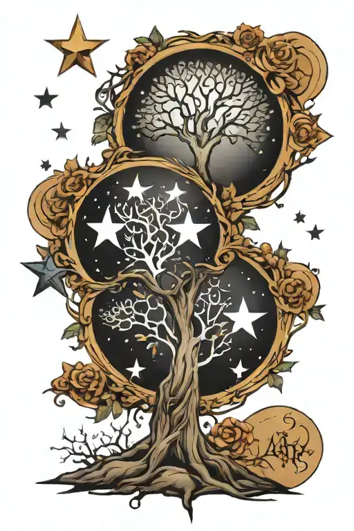 family tree containing 3 stars. above tree star consolations for Aquarius, torus, virgo and Capricorn.  tattoo design idea