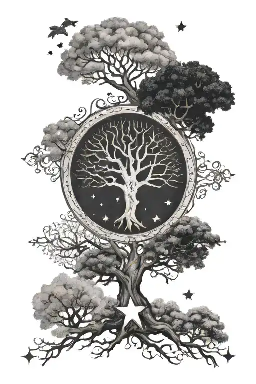 family tree containing 3 stars. above tree star consolations for Aquarius, torus, virgo and Capricorn.  tattoo design idea