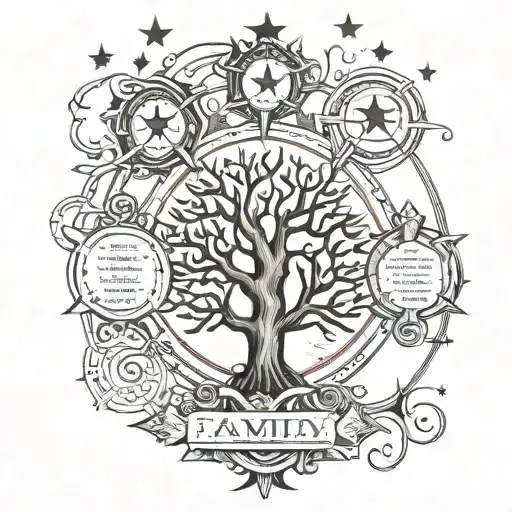 family tree containing 3 stars. above tree star consolations for Aquarius, torus, virgo and Capricorn.  tattoo design idea