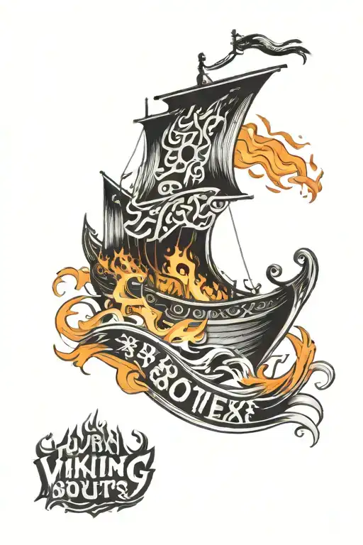 viking ship on fire and a banner reading "burn The bouts" tattoo design idea