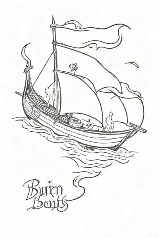 small viking boat on fire and a banner saying burn The bouts tattoo design idea