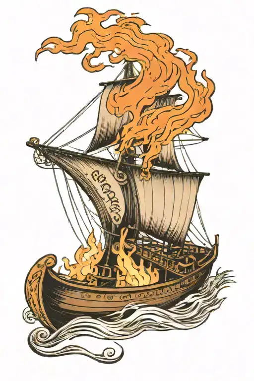 viking boat on fire and a track written "burn the bouts" tattoo design idea