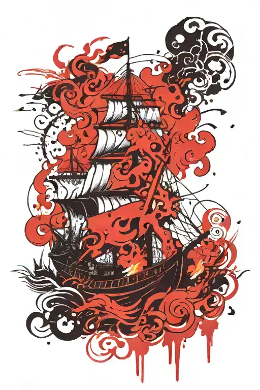 viking ship on fire and a banner saying burn The bouts tattoo design idea