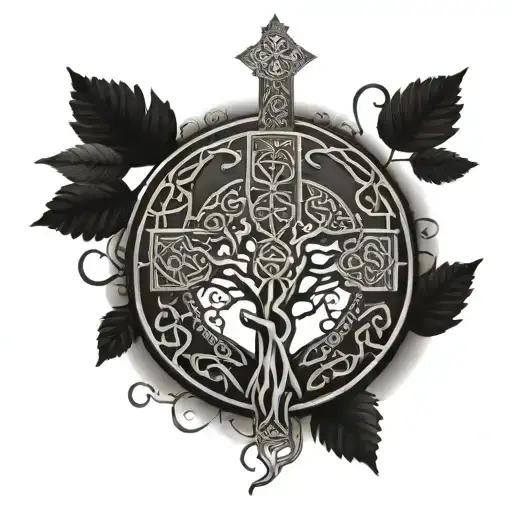 celtic cross, vegvisir and tree of life syringe and eye tattoo design idea