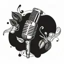 A microphone intertwined with coffee beans and music notes in a blackwork design tattoo design idea