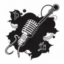 A microphone intertwined with coffee beans and music notes in a blackwork design tattoo design idea